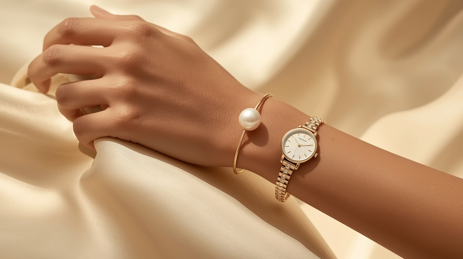 زنی ساعت لوکس و بنگل مرواریدی دست کرده