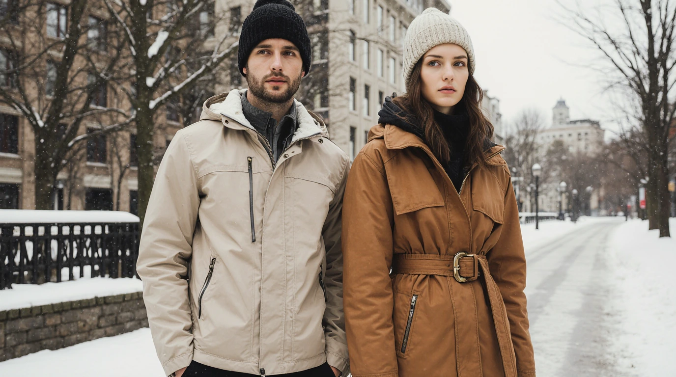 زن . مردی کاپشن پاییزی به تن کرده اند