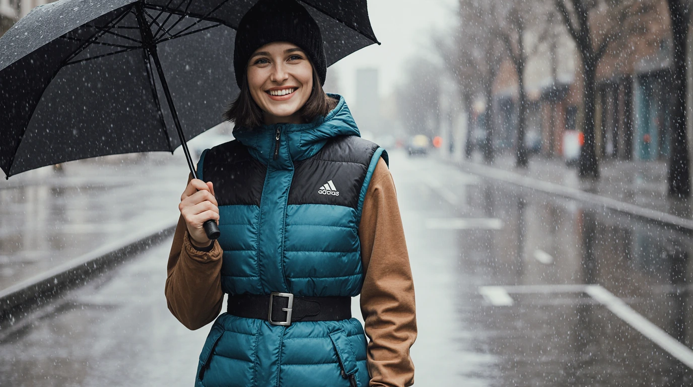 دختری که پافر پاییزی پوشیده و با چتر زیر باران ایستاده