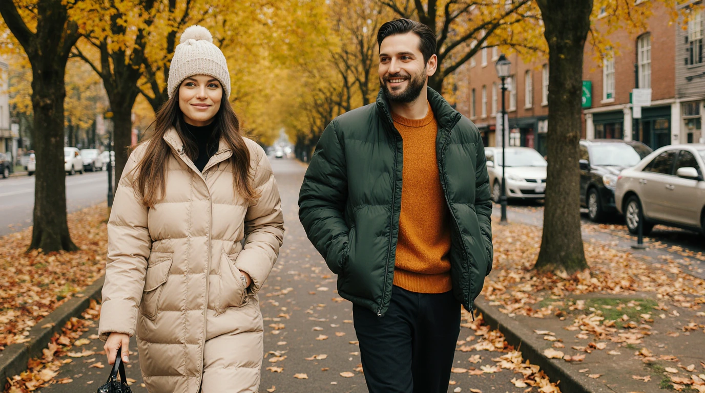 زن و مردی با استایل پاییزی درحال قدم زدن در خیابان