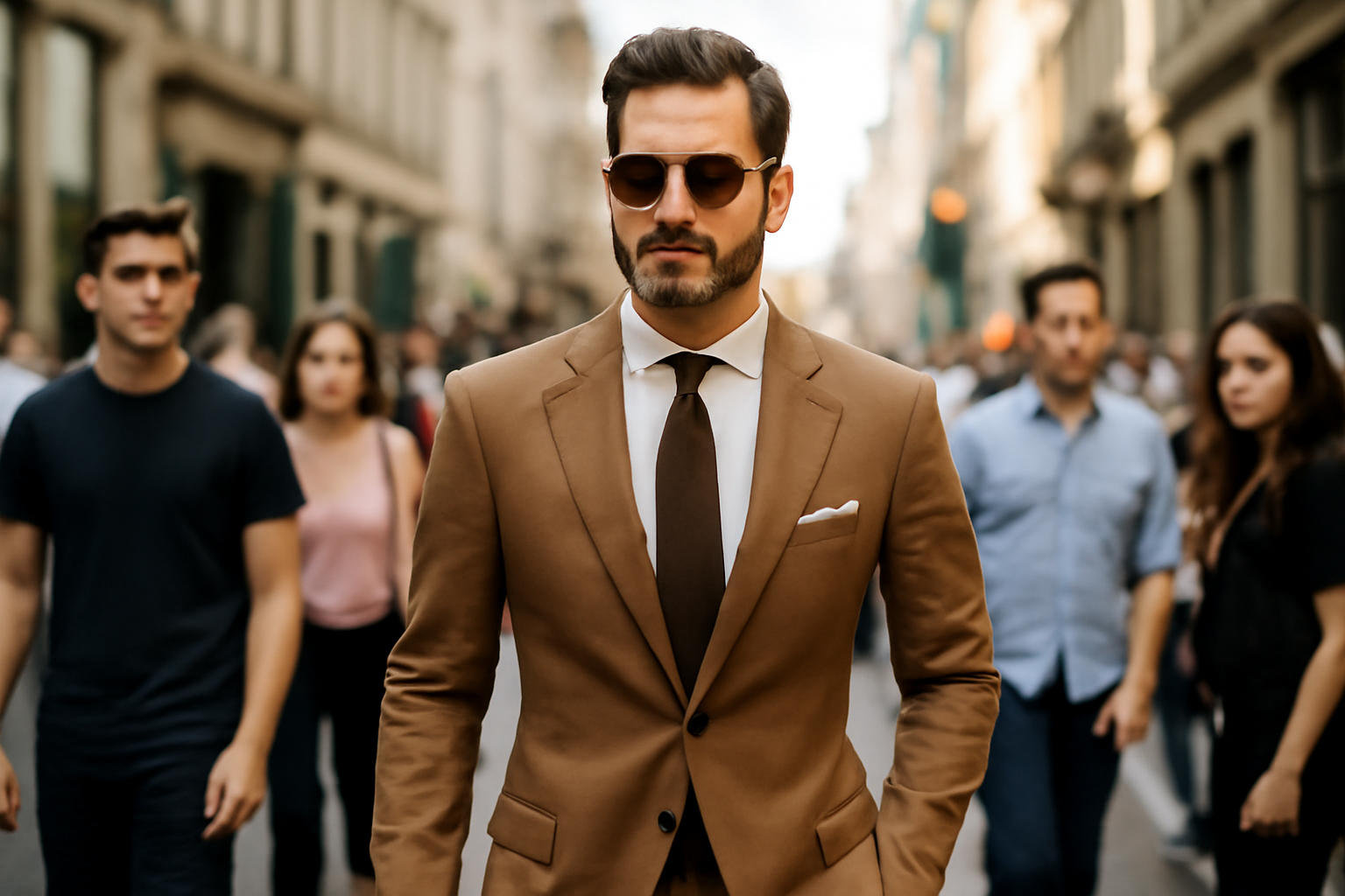 مردی خوشتیپ و با اعتماد به نفس در خیابان راه میرود 