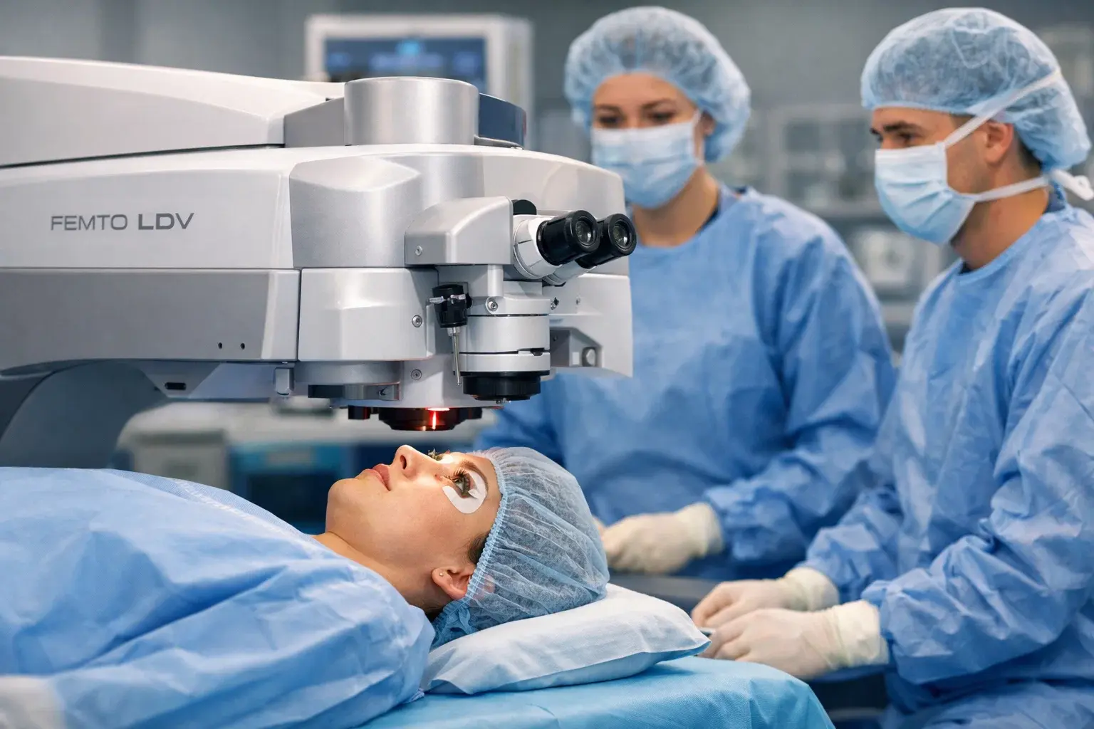 بیمار در حال انجام عمل فمتولیزیک زیر دستگاه لیزر